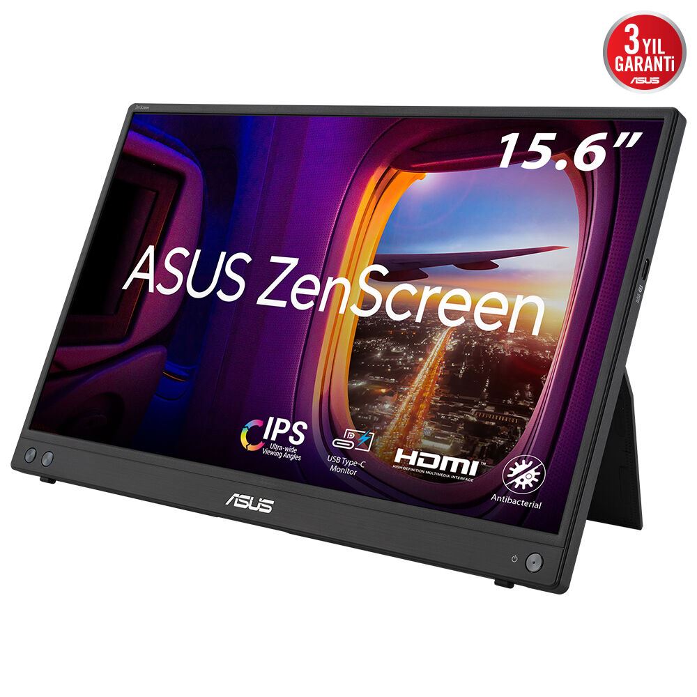 Asus Zenscreen Mb16ahv 15.6 Ips 1920x1080 5ms 60hz 250cd Usb-C 3yıl Mat Ekran, Usb-C To A Adaptor, Düşük Mavi Işık, Antıbakteriyal Kaplama  Taşınabilir Usb Monıtor