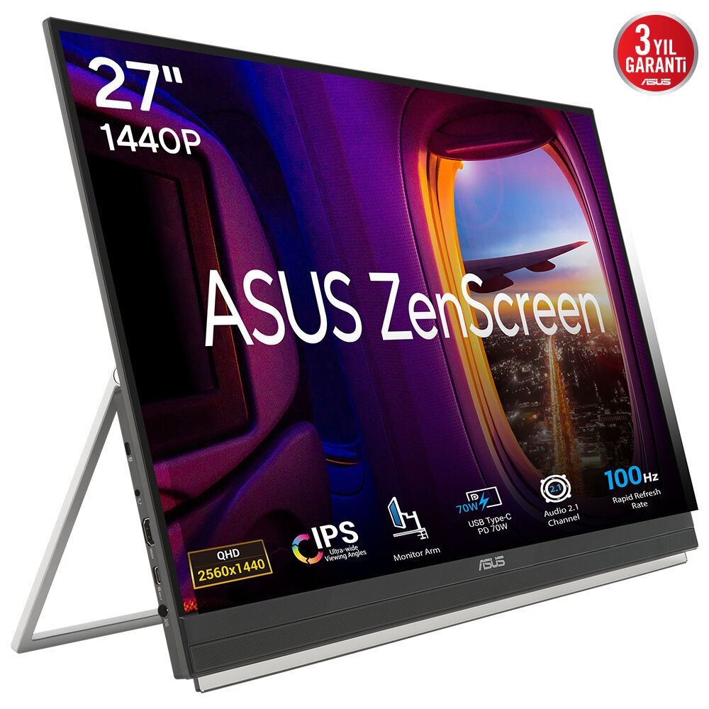 Asus Zenscreen Mb27acf 27 Ips 2560x1440 5ms 100hz 300cd Hdmı Usb Hoparlör Vesa 3yıl 99% Srgb Taşıma Kolu/Ayak Stand Tasarım Pd 70w  Pıvot  Taşınabilir Monitör