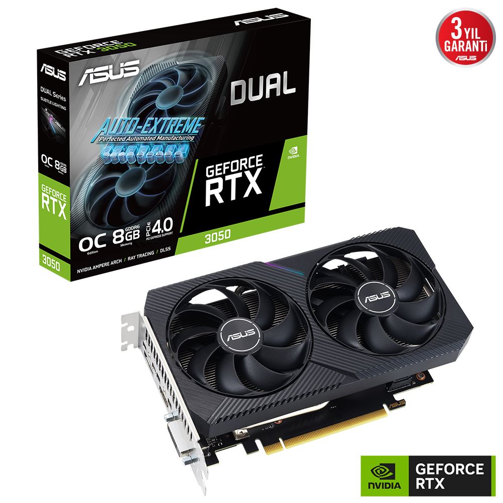 Asus Vga Dual-Rtx3050-O8g-V2-Nvıdıa-Geforce-Rtx 3050-8gb Gddr6-128bit-1852mhz-Oc-Dvı-Hdmı-Dp-Ekran Kartı