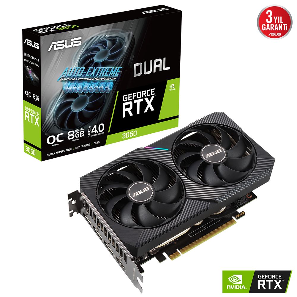 Asus Vga Dual-Rtx3050-O8g-Nvıdıa-Geforce-Rtx 3050-8gb Gddr6-128bit-1852mhz-Oc-Hdmı-3xdp-Ekran Kartı