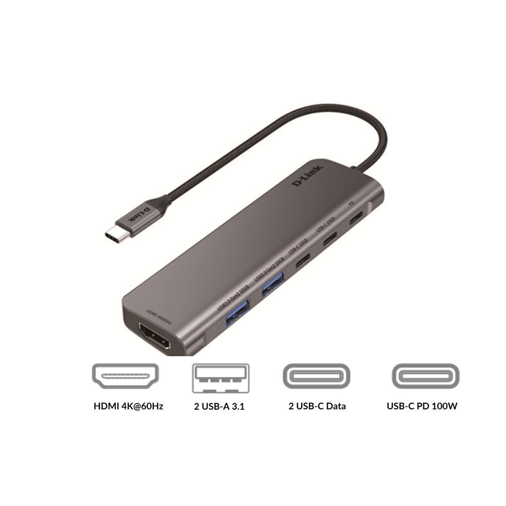 D-Link DUB-C106 HDMI 4K 60Hz, 2 USB-C, 2 USB-A 3.1, PD 100Watt 6-in-1 USB-C Hub