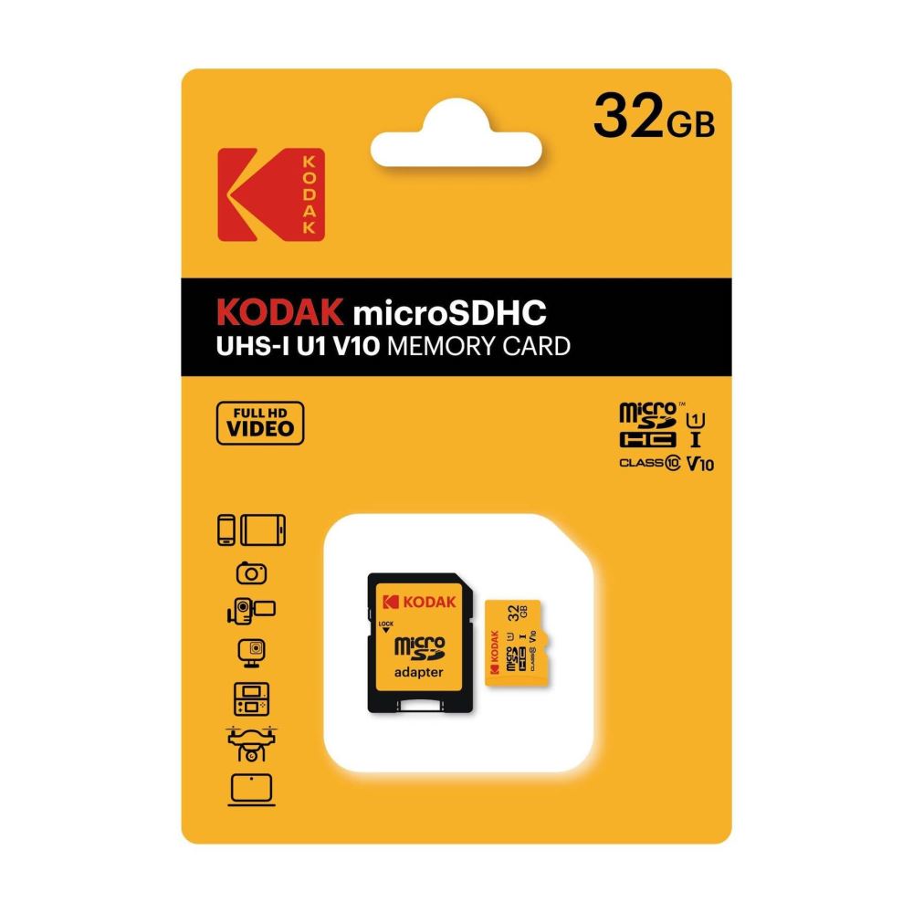 Kodak 32GB Micro SD Hafıza Kartı UHS-I C10 U1 V10 Kart + Adaptör (Sarı) 205EKMSDM32GHC10F
