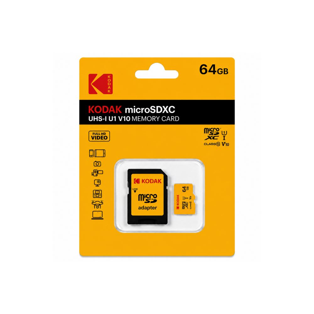 Kodak 64GB Micro SD Hafıza Kartı UHS-I C10 U1 V10 Kart + Adaptör (Sarı) 205EKMSDM64GXC10F