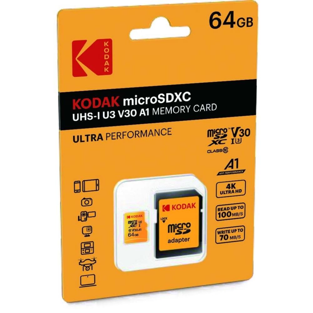 Kodak 64GB Micro SD Hafıza Kartı UHS-I U3/V30/A1 Yellow Micro SD + Adaptör 205EKMSDM64GXCU3KWAY
