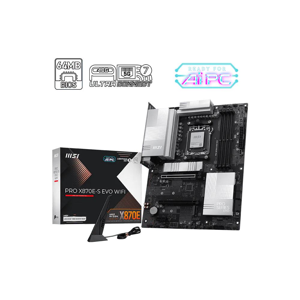 Msı Mb Pro X870e-S Evo Wıfı Am5 Ddr5 8200mhz(Oc) 3x M.2 Usb 40gbps  Type-C Dp Hdmı 5g Lan Wıfı 7 Rgb Atx