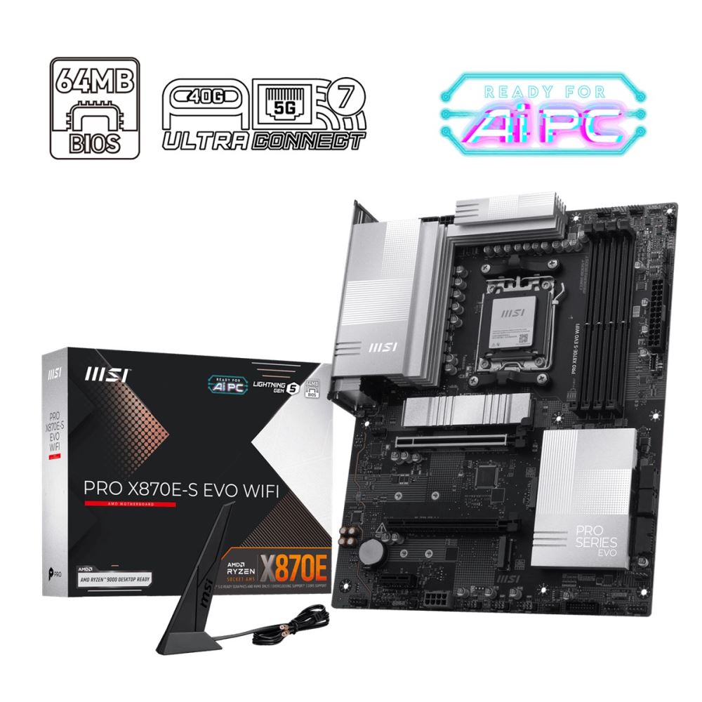 Msı Mb Pro X870e-S Evo Wıfı Am5 Ddr5 8200mhz(Oc) 3x M.2 Usb 40gbps  Type-C Dp Hdmı 5g Lan Wıfı 7 Rgb Atx