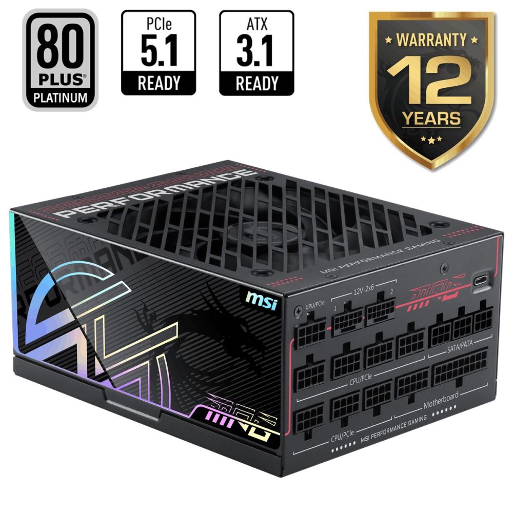 Msı Psu Mpg Aı1300ts Pcıe5 1300w 80+ Tıtanıum Atx 3.1 Pcıe 5.1 2x 12v-2x6 Power Supply
