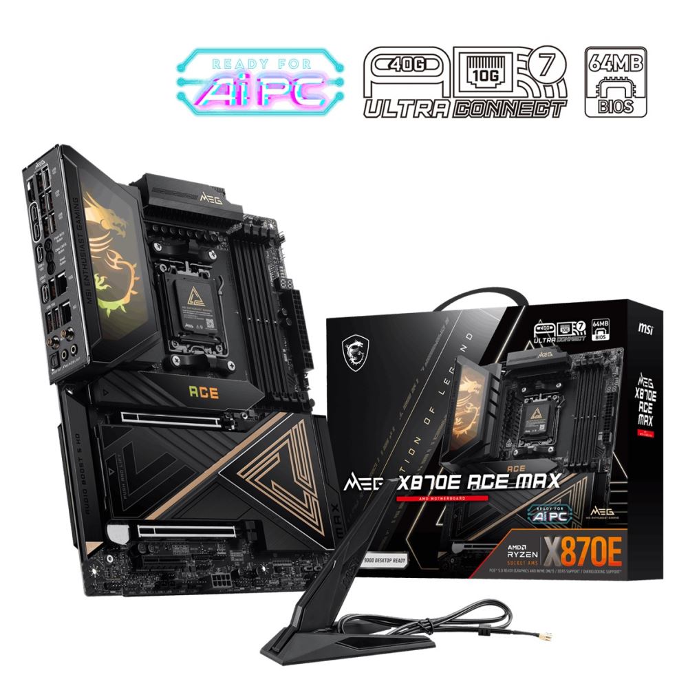Msı Mb Meg X870e Ace Max Am5 Ddr5 8400mhz(Oc)Usb 40gbps 5x M.2 Hdmı 2x Type-C Dp 10g Lan 5g Lan Wıfı 7 Rgb Atx