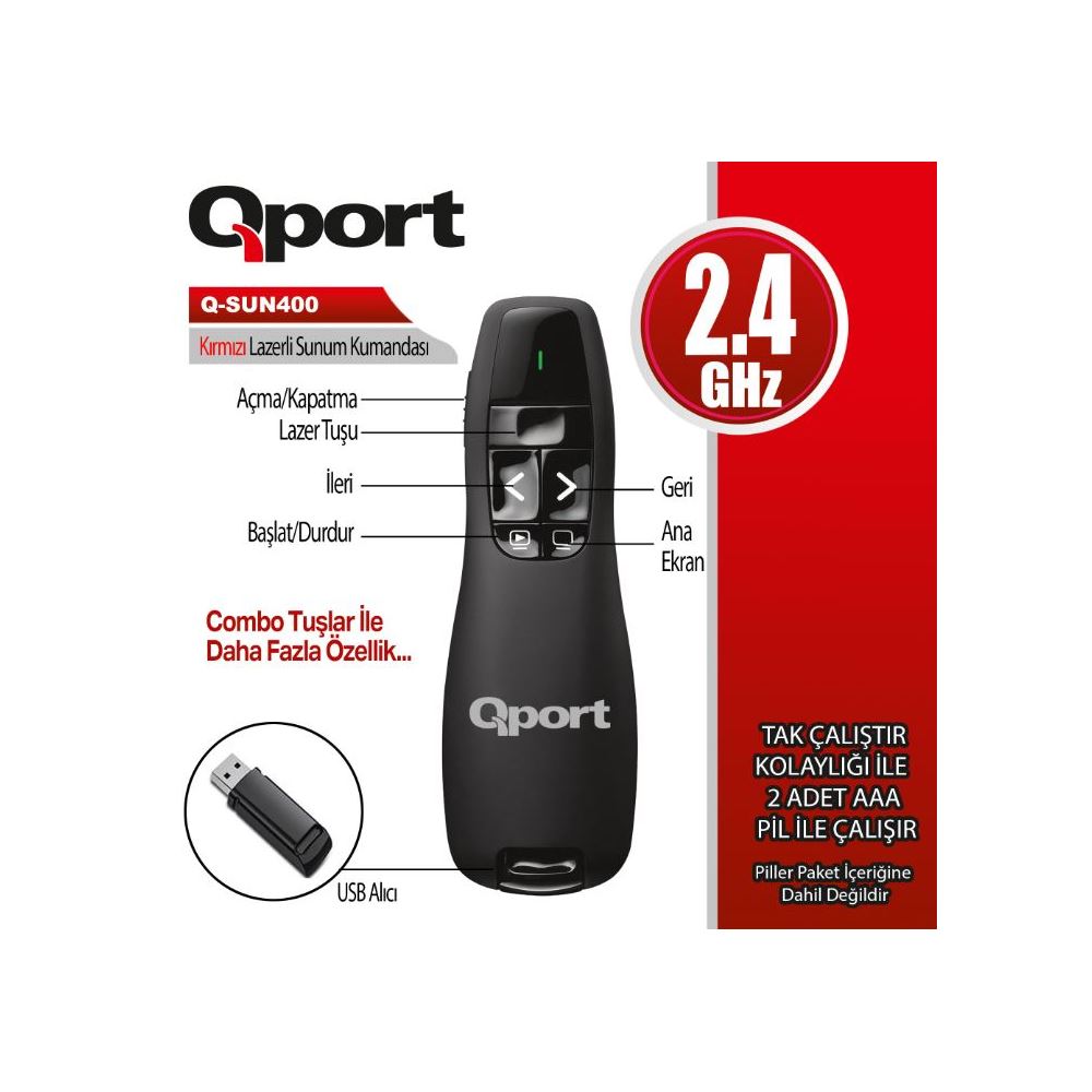 Qport Q-sun400 2.4 Ghz Usb Kırmızı Lazerli Sunum Kumandası - Presenter