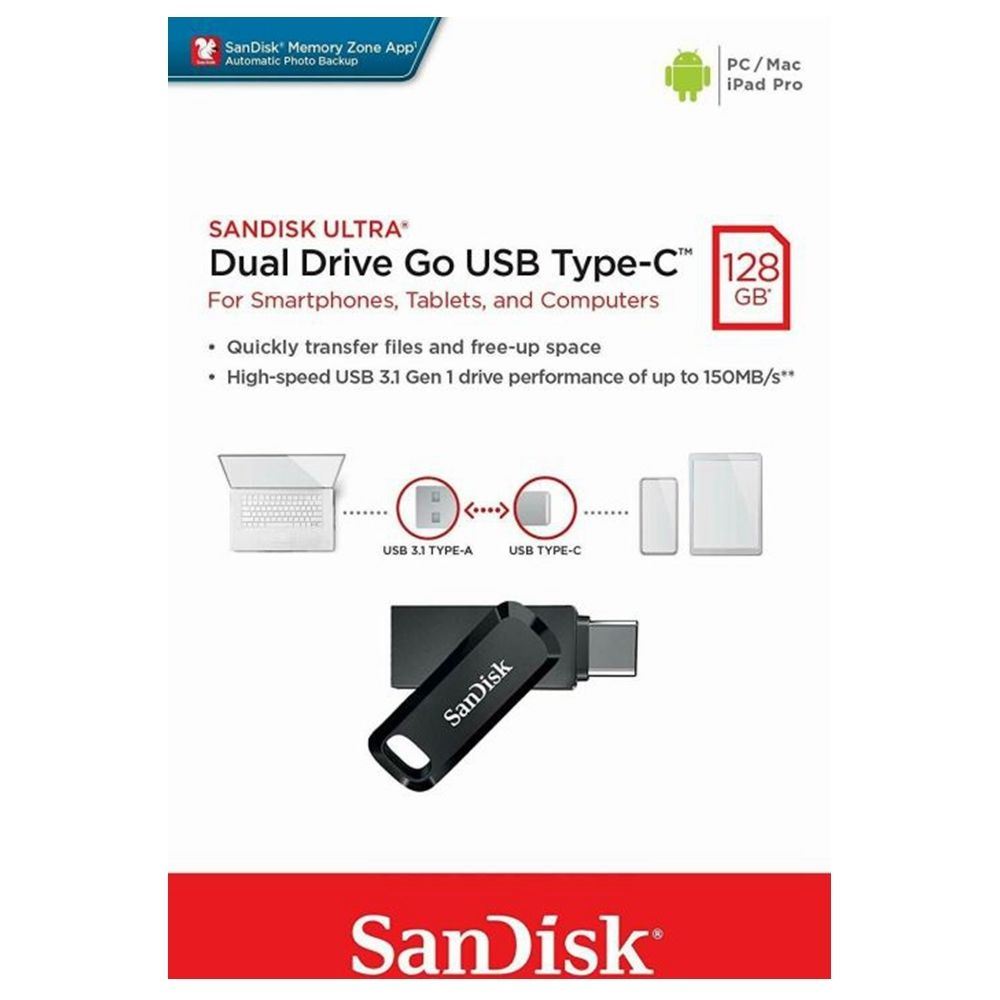 SanDisk Ultra Dual Drive Go 128GB Usb & Type-C Flash Bellek Siyah SDDDC3-128G-G46