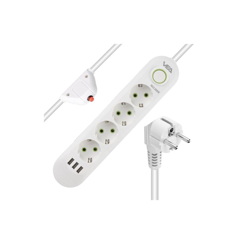 Vea VA-21560 4'lü 3 USB'li 1.5 Metre Akim Korumali Priz Beyaz