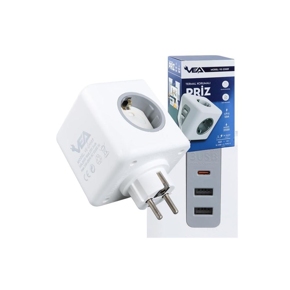 Vea VE-23089 2X USB 1x Type-C 3'lü Çocuk Ve Termal Korumali Grup Priz